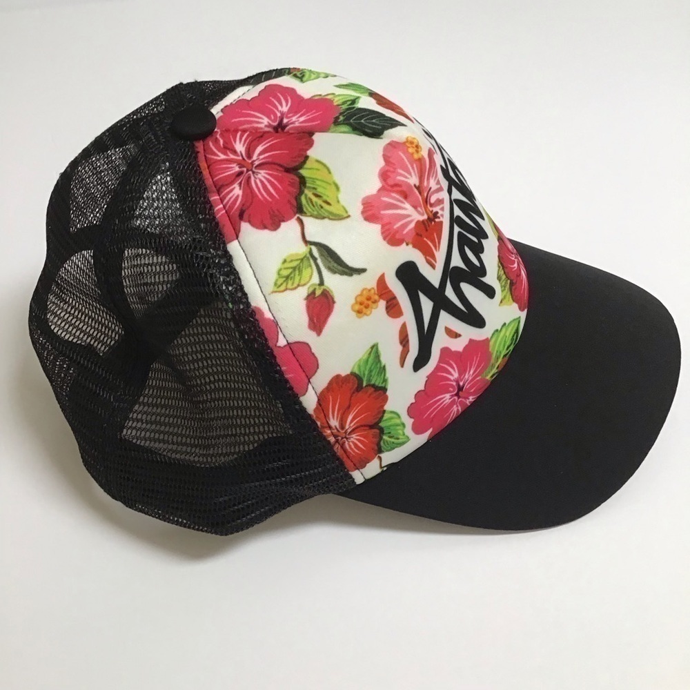 HAWAII Surfer Hat Mesh Snapback Black Cap Pink Hibiscus Floral Adjust Surferware - Picture 7 of 11